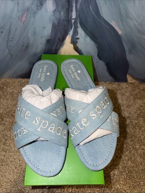 kate spade Shoes - kate spade Light Blue Denim Crisscross Logo Slides